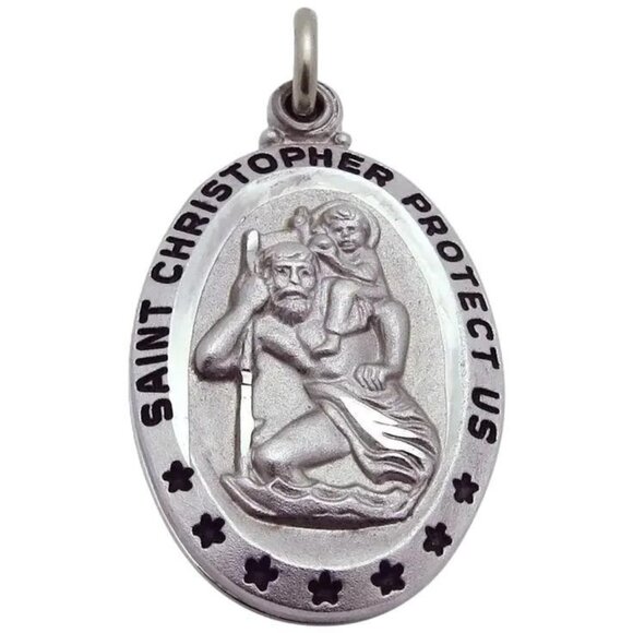 Vintage Saint Christopher Protect Us Sterling Silver Enamel Slide Pendant Charm - Picture 1 of 6